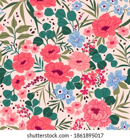 Seamless floral pattern. Trendy bouquet of pink peonies and small flowers and leaves. Bright flowers on white square background in vintage fashion oriental style. Stock vector for prints on surface.