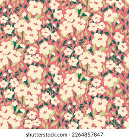 Patrón floral sin fisuras, estampado a la moda con prado de primavera artístico. Sencillo diseño botánico lindo con pequeñas plantas dibujadas a mano: flores blancas, hojas diminutas sobre un fondo rosado. Ilustración del vector