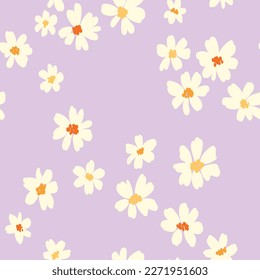 Seamless floral pattern, trendy ditsy print with cute white chamomiles. Spring botanical design: pretty hand drawn flowers buds in an abstract arrangement on a lilac background. Vector illustration.