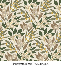 Seamless floral pattern, trendy liberty ditsy print in neutral natural colors. Cute flower design with hand drawn wild plants: small flowers, leaves, twigs on a light background. Vector illustration.