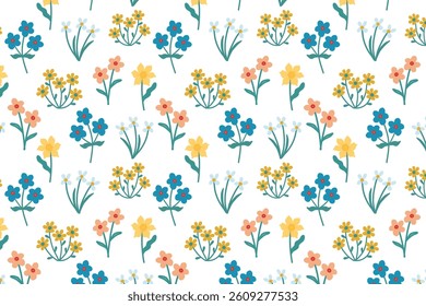 Seamless floral pattern. Trendy print for fabric printing. Cute colorful flowers are randomly placed on the field. Spring and summer fashion vector pattern for printing, fabric, clothing, scrapbooking