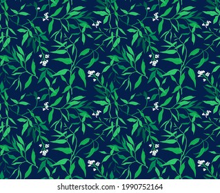 Seamless floral pattern. Tropical background of green leaves with white berries. Leaf on navy blue a background. Stock vector for printing on surfaces and web design.