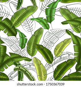 Seamless floral pattern of tropical banana leaves, shades of green, white background. Great for decorating fabrics, textiles, gift wrapping, printed matter, interiors, advertising.