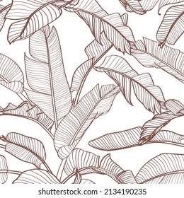 Seamless floral pattern with Tropical bananas leaves. Tropical leaves in retro style. Hand drawn pattern. Line art. 