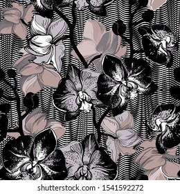 Seamless floral pattern with tropical black  flowers orchids, branches, buds on a linear geometric background. Textile composition, hand drawn style print. Vector illustration
