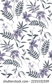 Seamless floral pattern, tropical botanical print in vintage style. Elegant flower design in limited spike. Hand drawn exotic flowers, large lilies, leaves on a white background. Vector illustration.