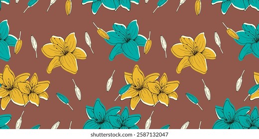 Patrón floral inconsútil, tropical, flores de la decoración, azul, amarillo, sin fin, impresión por todas partes para utilizar la materia textil, tela, ropa, telón de fondo, Fondo de pantalla, materia textil casera,