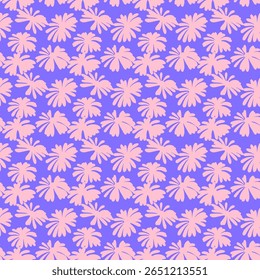 Seamless floral pattern with tropical flower silhouettes on a violet, purple background. Template for fabric design, wallpapers, wrapping paper, and digital backgrounds. Exotic summer modern