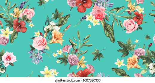 Seamless floral pattern with tropical flowers, watercolor. Vector illustration.