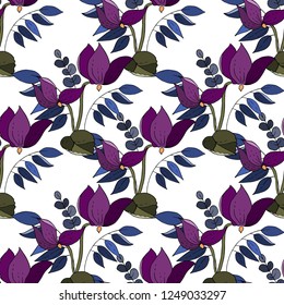 Seamless floral pattern of tropical flowers. Cyclamen, palm trees.