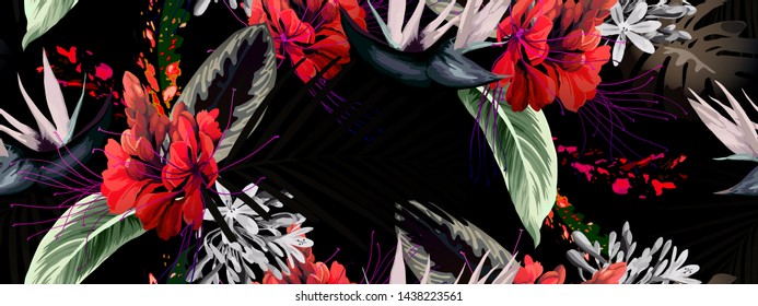 Seamless floral pattern with tropical flowers, watercolor. Vector
