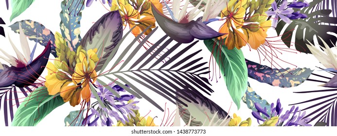 Seamless floral pattern with tropical flowers, watercolor. Vector
