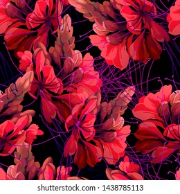Seamless floral pattern with tropical flowers, watercolor.
