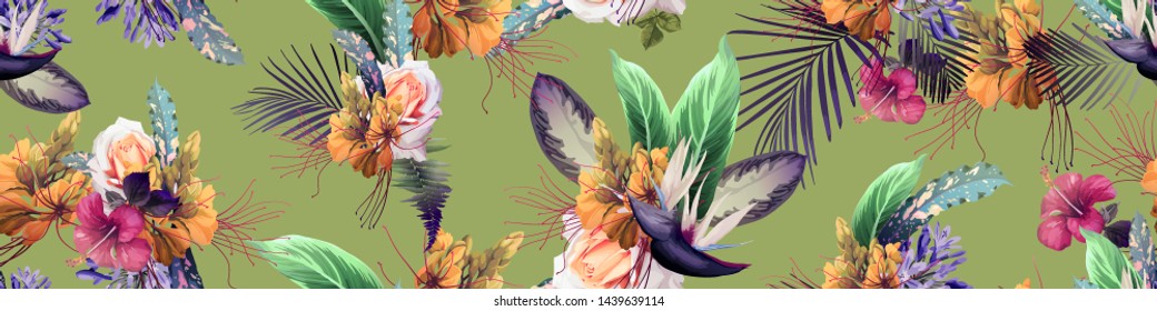 Seamless floral pattern with tropical flowers, watercolor. Vector

