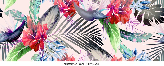 Seamless floral pattern with tropical flowers, watercolor. Vector
