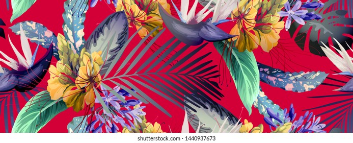 Seamless floral pattern with tropical flowers, watercolor. Vector
