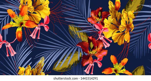 Seamless floral pattern with tropical flowers. Vector
