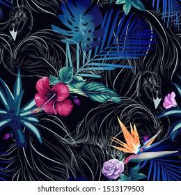 Seamless floral pattern with tropical flowers, Vector
