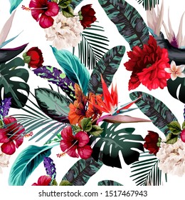 Seamless floral pattern with tropical flowers, Vector
