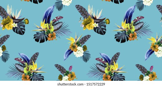 Seamless floral pattern with tropical flowers, Vector
