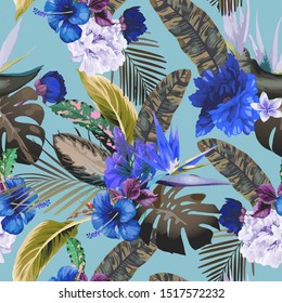 Seamless floral pattern with tropical flowers, Vector
