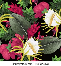 Seamless floral pattern with tropical flowers. Vector illustration.  Botanical art.  Engraving style

