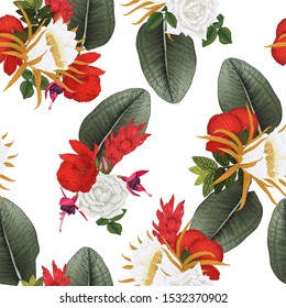 Seamless floral pattern with tropical flowers. Vector illustration.  Botanical art.  Engraving style

