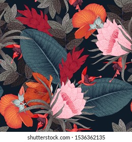 Seamless floral pattern with tropical flowers. Template design for textiles, interior, clothes, wallpaper. Vector illustration.  Botanical art.  Engraving style
