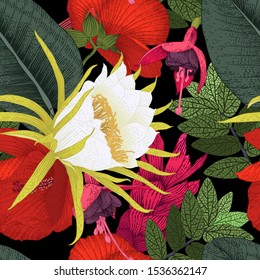 Seamless floral pattern with tropical flowers. Template design for textiles, interior, clothes, wallpaper. Vector illustration.  Botanical art.  Engraving style

