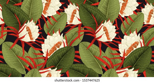 Seamless floral pattern with tropical flowers. Template design for textiles, interior, clothes, wallpaper. Vector illustration.  Botanical art.  Engraving style
