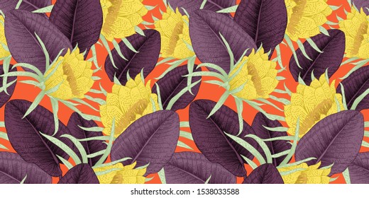 Seamless floral pattern with tropical flowers on orange background. Template design for textiles, interior, clothes, wallpaper. Vector illustration.  Botanical art.  Engraving style
