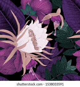 Seamless floral pattern with tropical flowers on dark background. Template design for textiles, interior, clothes, wallpaper. Vector illustration.  Botanical art.  Engraving style
