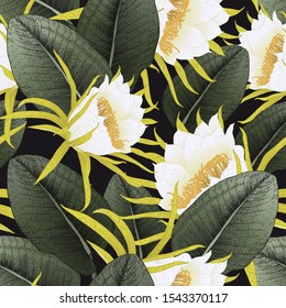 Seamless floral pattern with tropical flowers. Vector illustration.  Botanical art.  Engraving style

