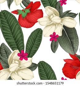 Seamless floral pattern with tropical flowers on light background. Template design for textiles, interior, clothes, wallpaper. Vector illustration.  Botanical art.  Engraving style
