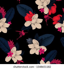 Seamless floral pattern with tropical flowers on dark background. Template design for textiles, interior, clothes, wallpaper. Vector illustration.  Botanical art.  Engraving style
