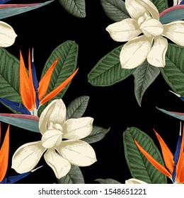 Seamless floral pattern with tropical flowers on dark background. Template design for textiles, interior, clothes, wallpaper. Vector illustration.  Botanical art.  Engraving style

