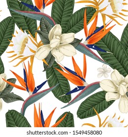 Seamless floral pattern with tropical flowers on light background. Template design for textiles, interior, clothes, wallpaper. Vector illustration.  Botanical art.  Engraving style
