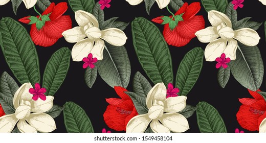 Seamless floral pattern with tropical flowers on dark background. Template design for textiles, interior, clothes, wallpaper. Vector illustration.  Botanical art.  Engraving style
