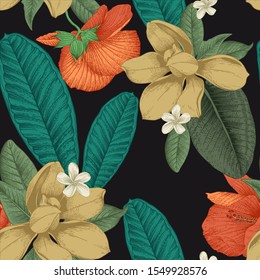 Seamless floral pattern with tropical flowers on dark background. Template design for textiles, interior, clothes, wallpaper. Vector illustration.  Botanical art.  Engraving style
