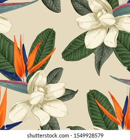Seamless floral pattern with tropical flowers on light background. Template design for textiles, interior, clothes, wallpaper. Vector illustration.  Botanical art.  Engraving style
