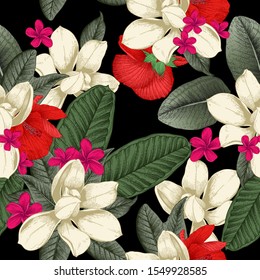 Seamless floral pattern with tropical flowers on dark background. Template design for textiles, interior, clothes, wallpaper. Vector illustration.  Botanical art.  Engraving style
