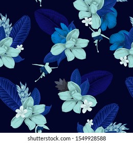 Nahtloses Blumenmuster mit tropischen Blumen auf blauem Hintergrund. Template Design für Textilien, Interieur, Kleidung, Tapete. Vektorgrafik.  Botanische Kunst. Stilrichtung
