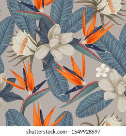 Seamless floral pattern with tropical flowers on light background. Template design for textiles, interior, clothes, wallpaper. Vector illustration.  Botanical art.  Engraving style
