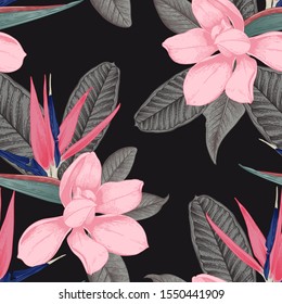 Seamless floral pattern with tropical flowers on dark background. Template design for textiles, interior, clothes, wallpaper. Vector illustration.  Botanical art.  Engraving style
