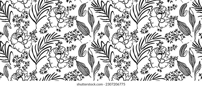 Seamless floral pattern with tropical flowers and leaves , Jungle plants line art on white background.  The elegant the template for fashion prints. Modern floral background. 