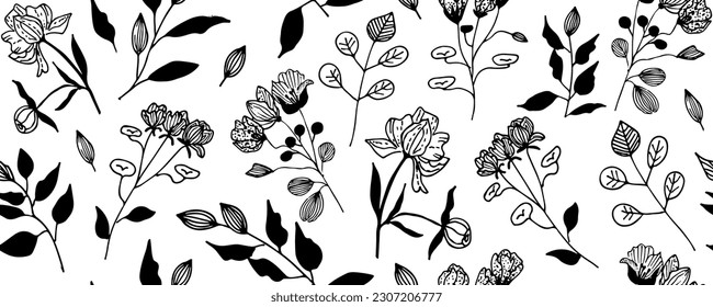Seamless floral pattern with tropical flowers and leaves , Jungle plants line art on white background.  The elegant the template for fashion prints. Modern floral background. 