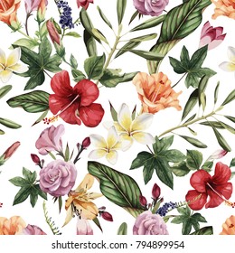 Seamless floral pattern with tropical flowers, watercolor. Vector illustration
