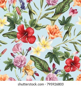 Seamless floral pattern with tropical flowers, watercolor. Vector illustration.