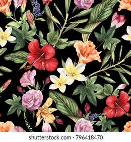 Seamless floral pattern with tropical flowers, watercolor. Vector illustration.