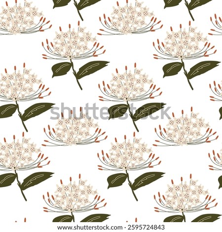 Seamless floral pattern with tropical flowers and green leaves. Elegant botanical design in pastel colors. Ideal for fabric prints, wallpapers and stationery. Modern vector illustration
